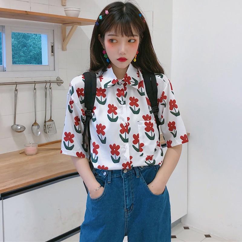 Áo nữ ngắn tay in hoa phong cách vintage