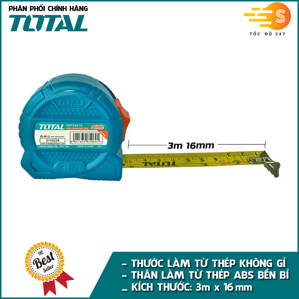 Thước cuộn thép nền vàng dài 3m-8m TOTAL - TMT34316, TMT34519, TMT34825, nhựa ABS cao cấp, đơn vị đo là cm và inch