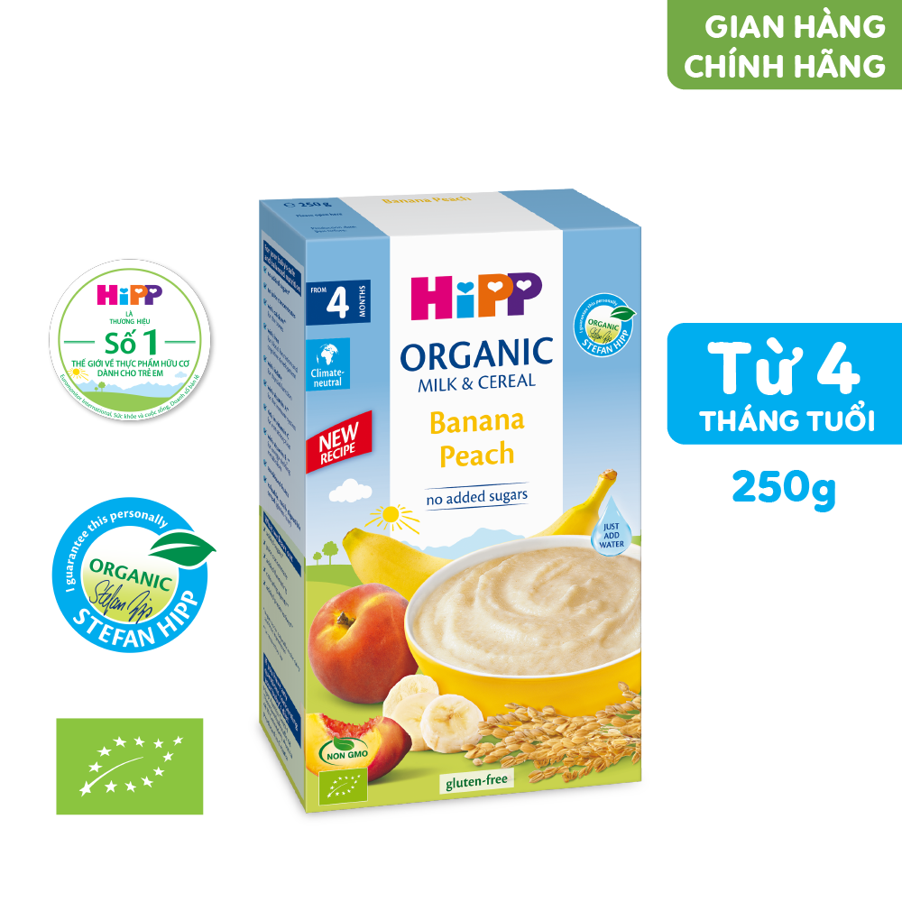 [HSD_T2.2024] Bột ăn dặm dinh dưỡng Sữa, Chuối, Đào HiPP Organic 250g