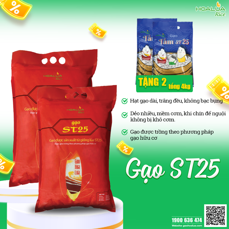 [Mua 2 Tặng 2] - Mua 2 túi ST25 Hoa Lúa túi 5kg - Tặng 2 túi Tấm ST25 túi 2kg (Tổng 14kg)