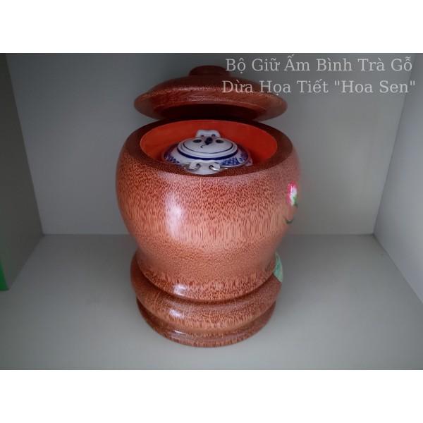 Bộ Bình Trà Gỗ Dừa Có Chân Sang Trọng Hoa Văn "Hoa Sen" - Bình Trà 700 - 1200ml