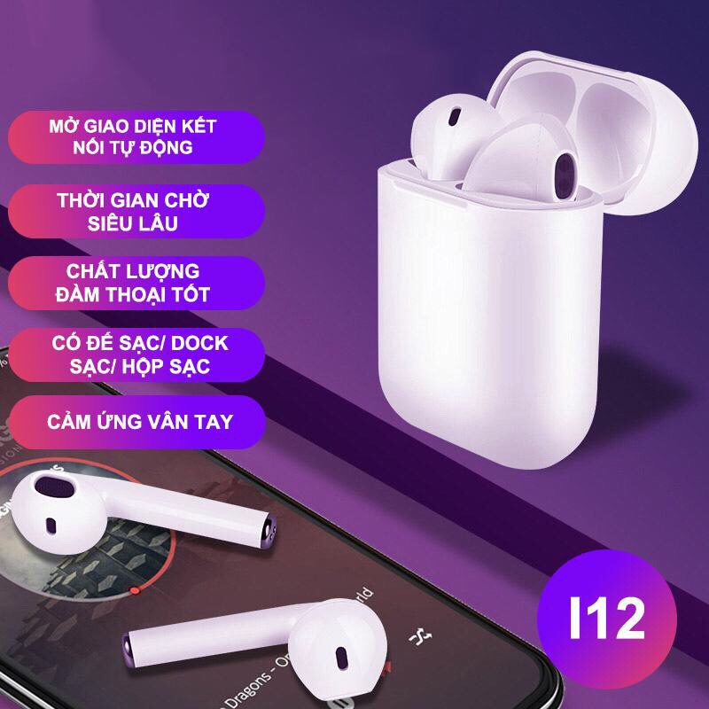 Tai nghe bluetooth không dây i12 TWS 5.0, thiết kế nhỏ gọn, chất lượng âm thanh nổi HIFI, chức năng giảm tạp âm - Hàng nhập khẩu