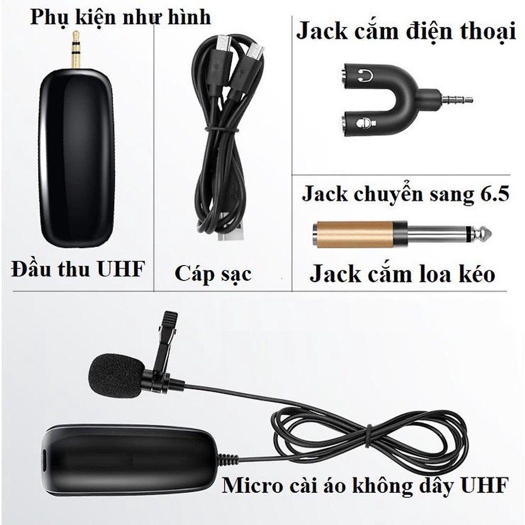 Micro cài áo không dây sóng UHF, cắm điện thoại livestream, thu âm, quay video, làm YouTube, Vlog từ xa