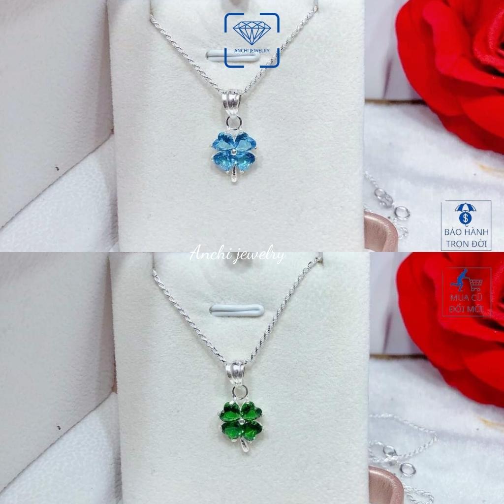 Dây chuyền cỏ 4 lá đính đá nữ bạc thật đeo không đen dây to đá đỏ xanh tím to - Anchi jewelry, quà 8 3