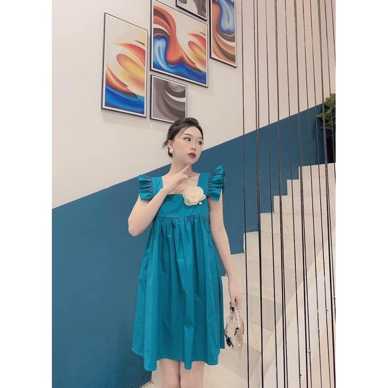 Đầm baby doll tay cánh tiên cổ vuông cài bông ngực xinh lung linh kèm hình thật