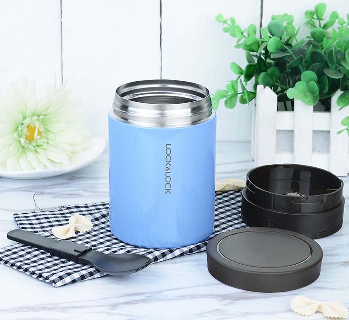 Hộp Giữ Nhiệt Đựng Thức Ăn Lock&amp;Lock New Wave Food Jar LHC8024 (500ml)  Kèm Bình Nước Thuỷ Tinh Và Túi Vải