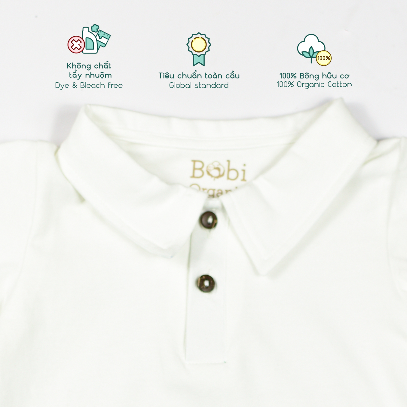 Quần áo trẻ em Bobicraft - Áo thun bé trai cổ bẻ màu trắng - Cotton hữu cơ organic an toàn