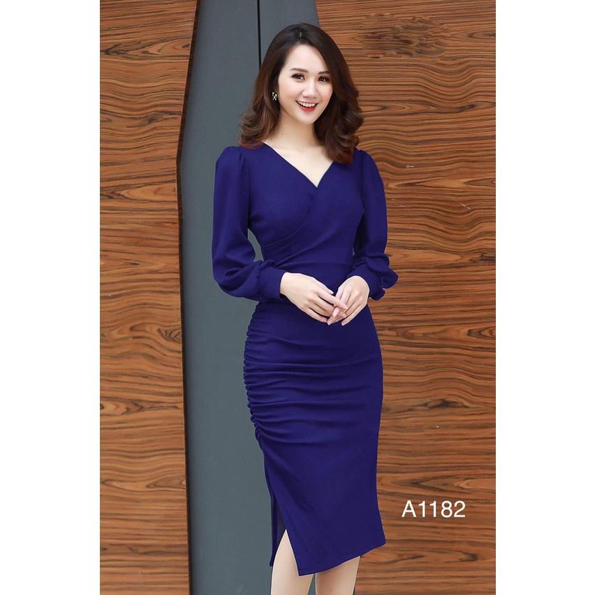 Váy body nhúm dáng ôm tay dài cổ tim CHERRY đầm body công sở sang trọng A1182