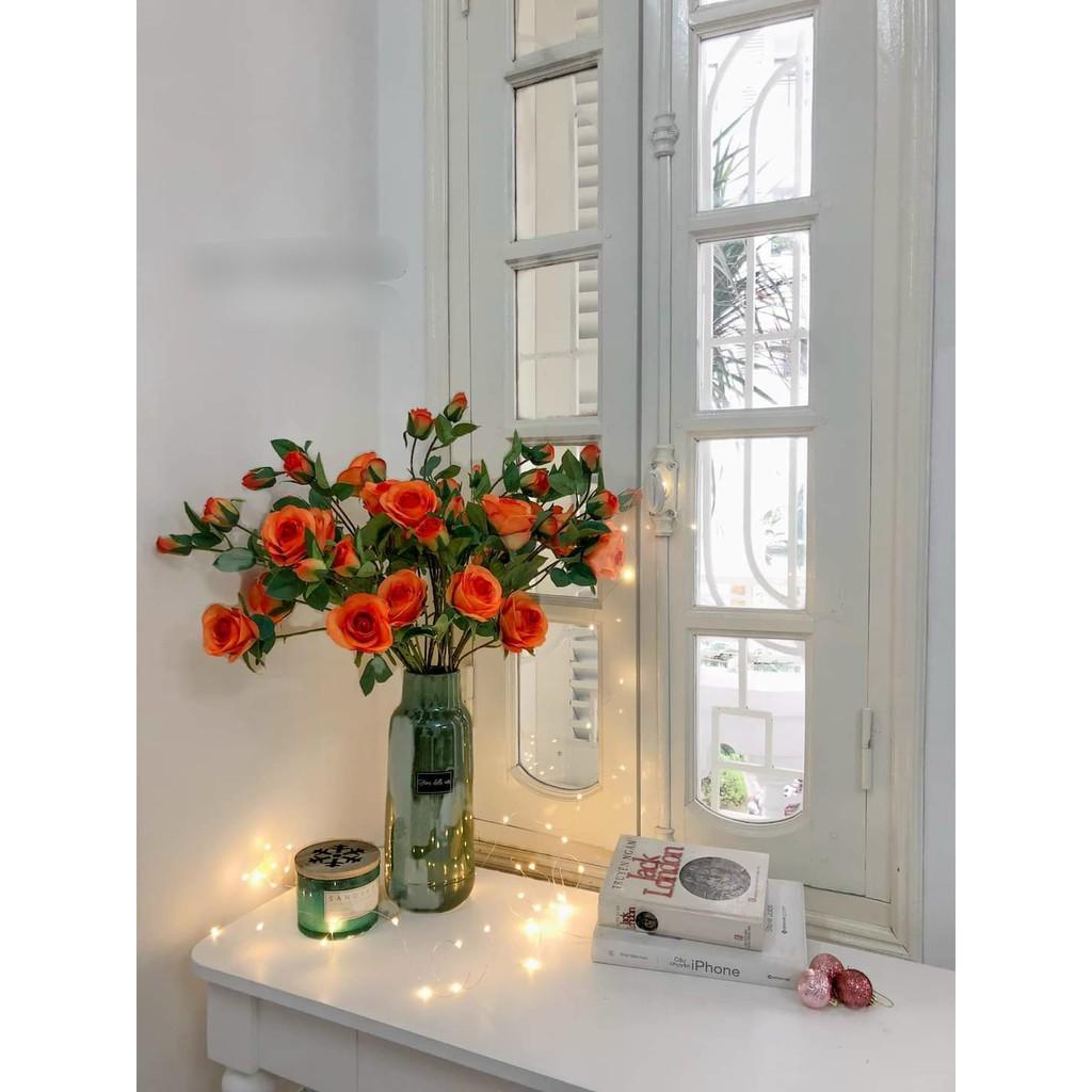 Hoa lụa cao cấp, cành 4 bông hoa hồng Pháp decor phòng khách, trang trí nội thất sang trọng