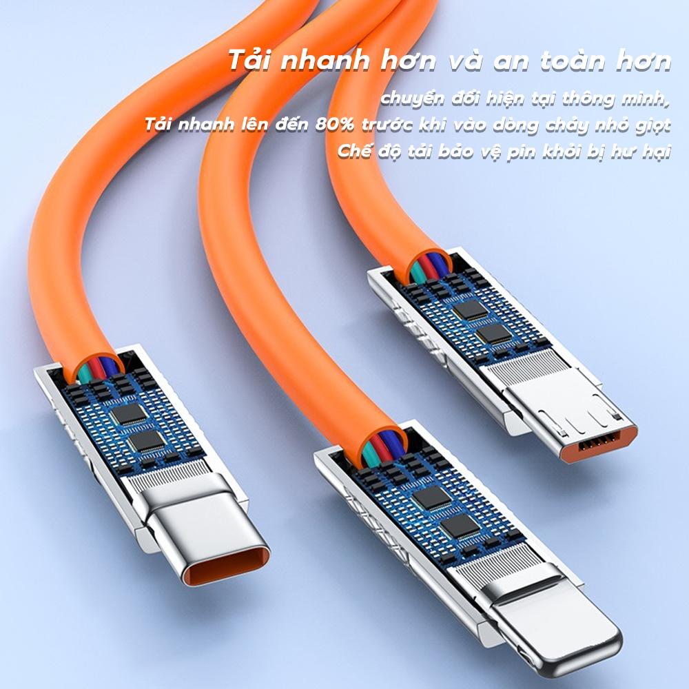 Cáp sạc siêu nhanh Goojodoq Hợp kim kẽm 3 trong 1 120W 6A Silicon lỏng Cáp dữ liệu sạc nhanh cho Micro USB Type-C