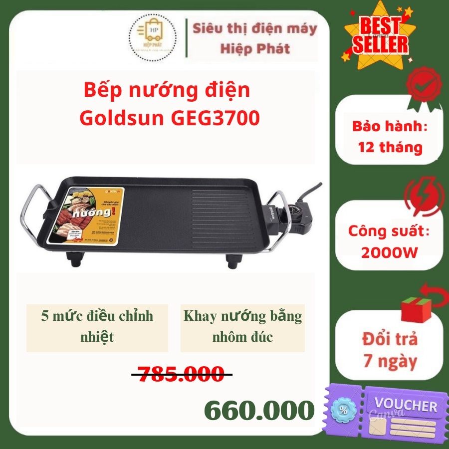 Bếp nướng điện Goldsun GEG3700, công suất mạnh mẽ 2000W nhanh chín, rơ le nhiệt 5 chế độ - Hàng chính hãng