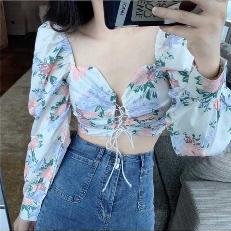 Áo croptop hoa lụa thắt nơ ngực sexy 2021