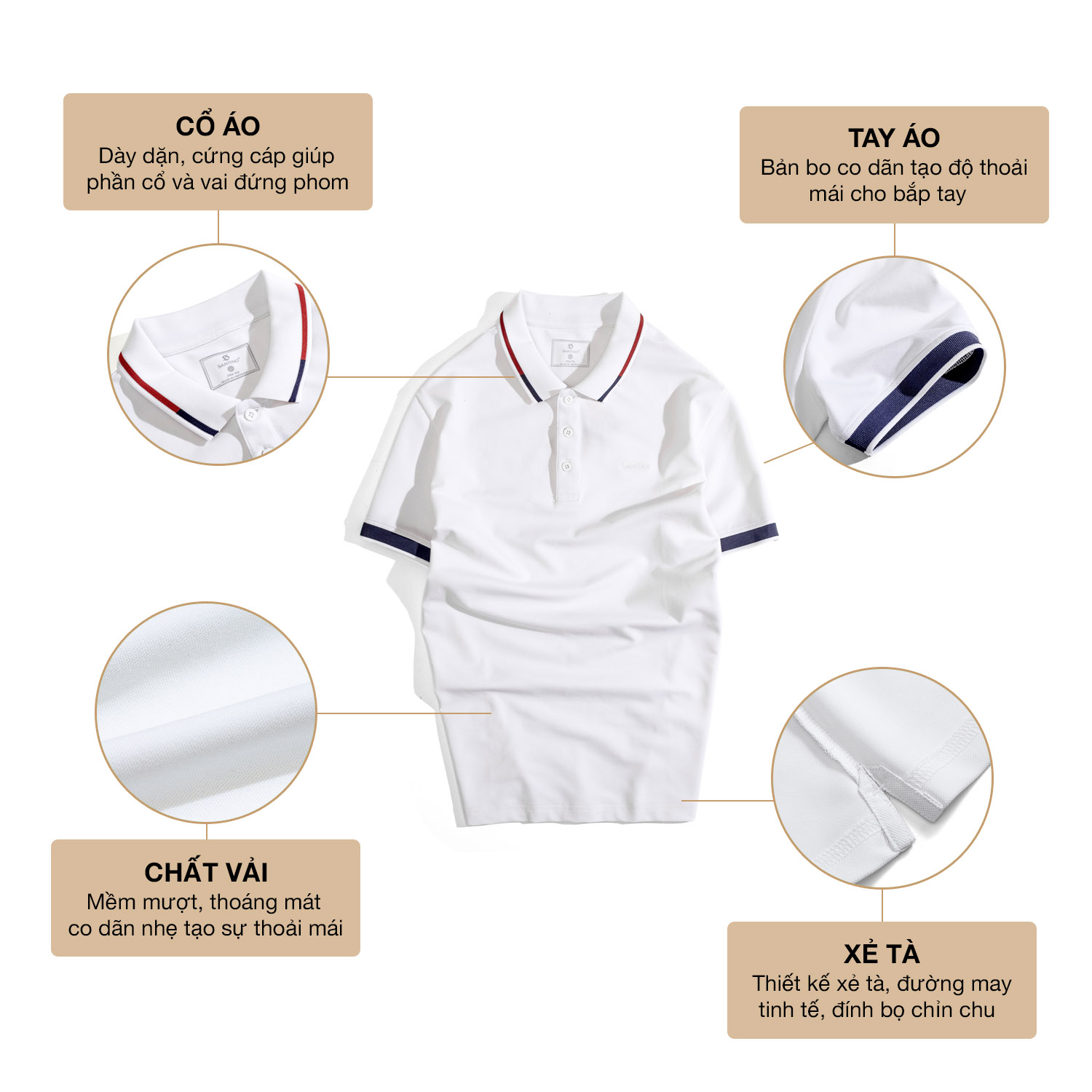 Áo Polo nam SANTINO, bo kẻ lịch lãm, Cotton Cá Sấu, kháng khuẩn chống nhăn - E010