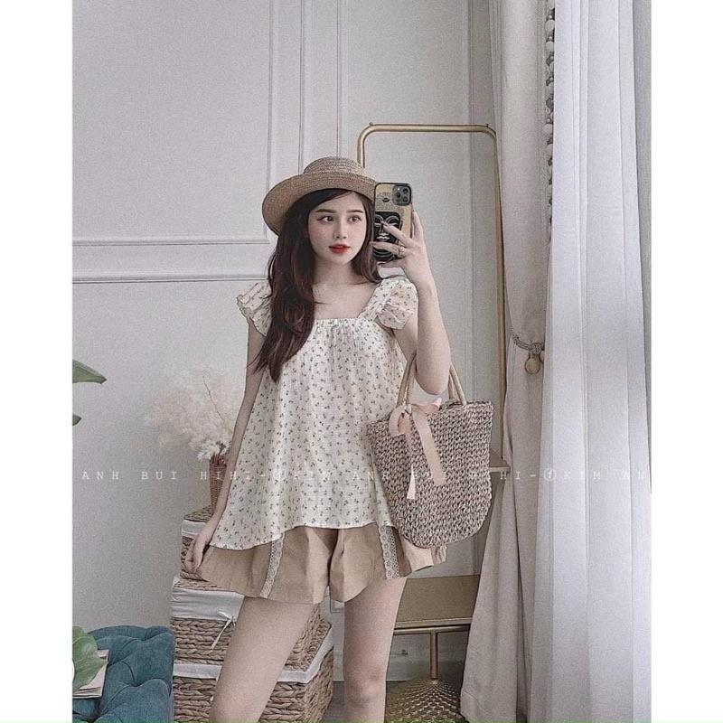 Set Áo Babydoll Hoa 2 Dây Kèm Short Nâu - Kèm Hình Thật