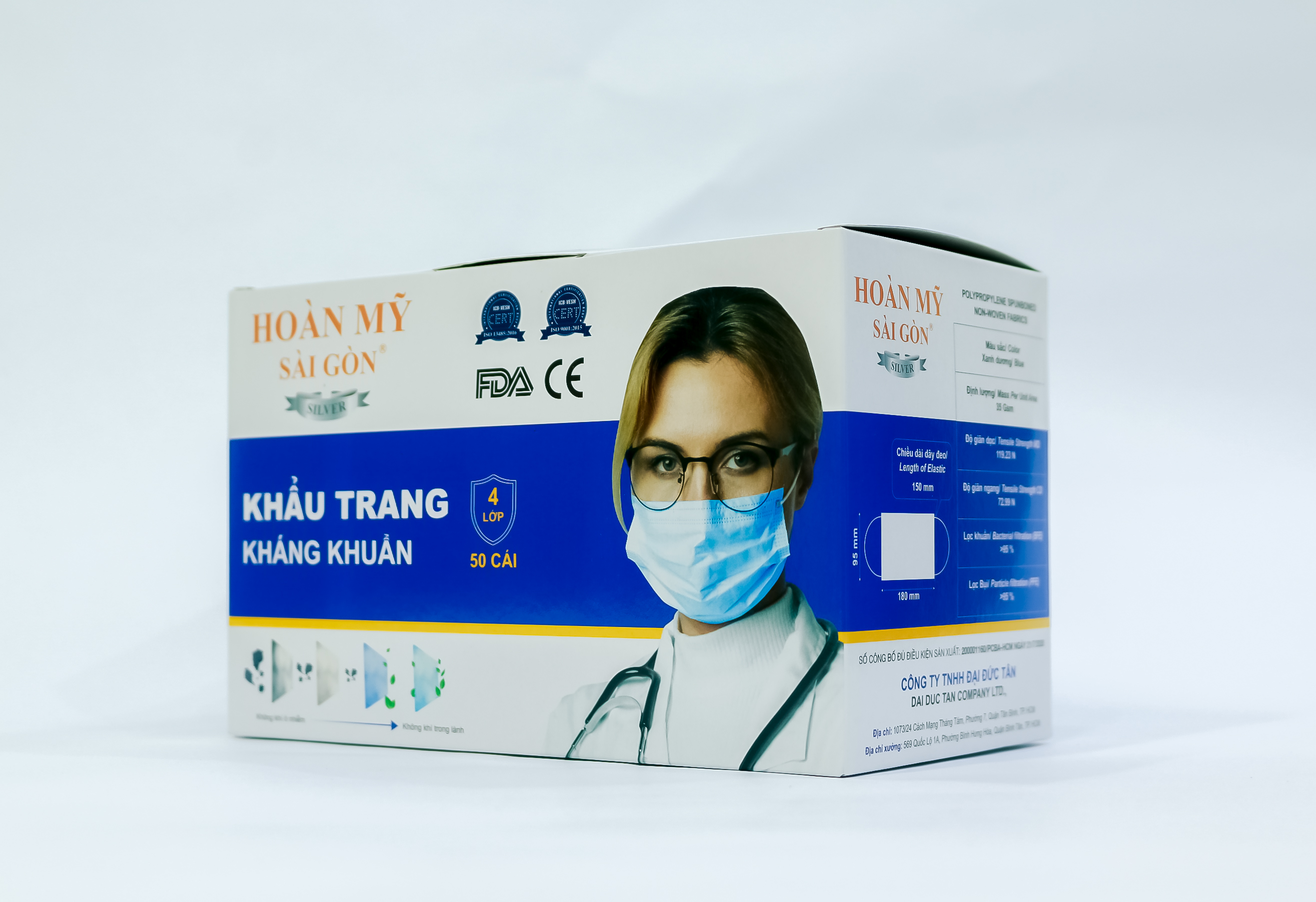 Khẩu trang y tế kháng khuẩn 4 lớp Hoàn mỹ sài gòn (Silver) 1 hộp 50 cái