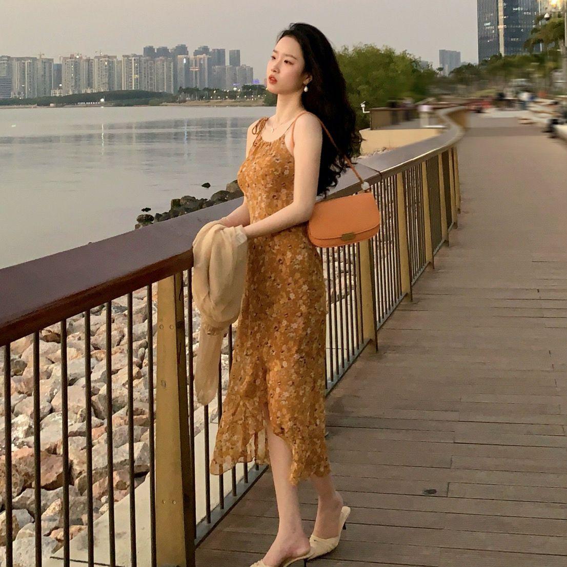DIYIWEI Váy lụa trắng, váy lụa hoa, váy dài mùa hè 2023.