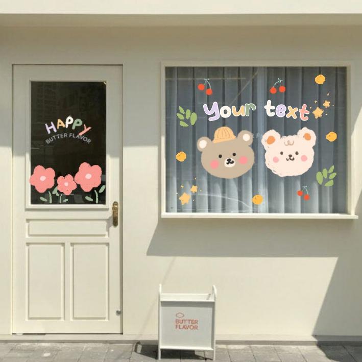 Hình dán cute bear flower set aesthetic trang trí gương cửa hàng cute 14