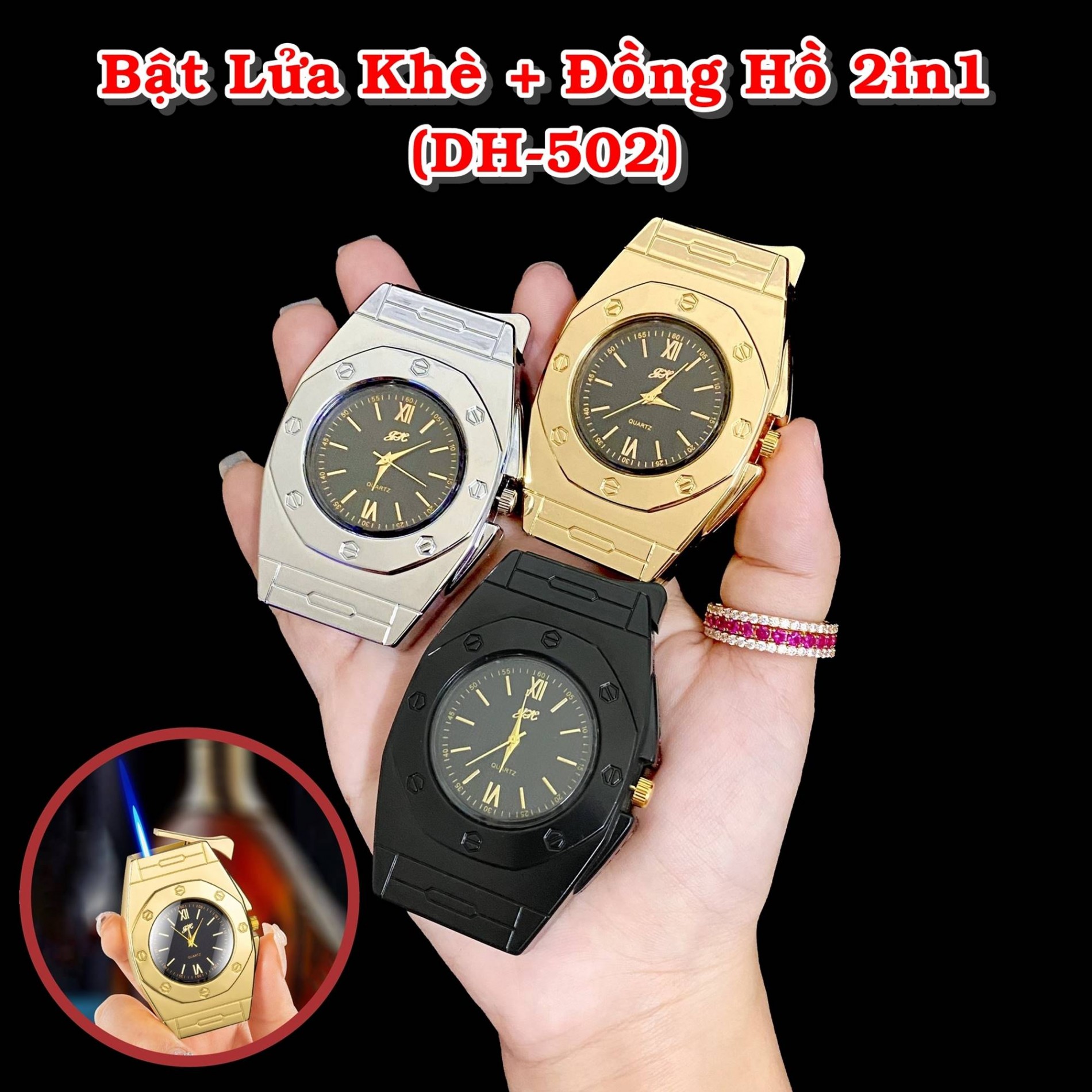 Hột quẹt bật lửa khè đồng hồ 2IN1 DH501 kim loại - xài gas