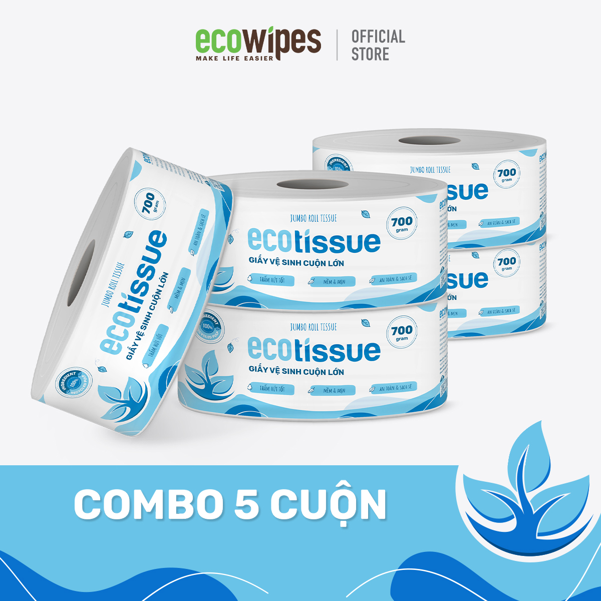 Combo 05 cuộn giấy vệ sinh giấy cuộn cao cấp Ecotissue cuộn lớn 700gr thấm hút tốt mềm mịn an toàn sạch sẽ