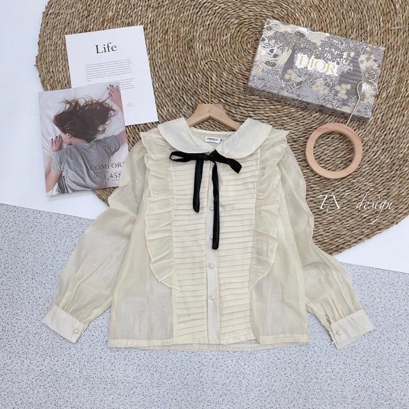 Áo sơmi tơ xếp ly viền bèo