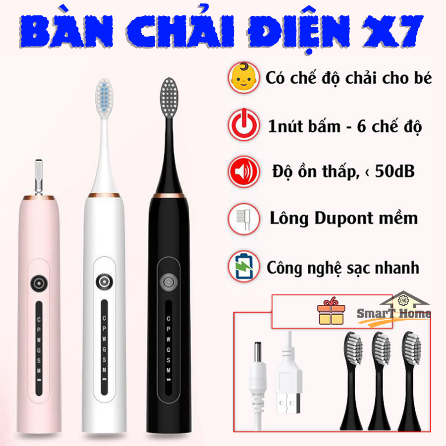 Bàn chải điện tự động đánh răng Sonic X7 KÈM 3 ĐẦU BÀN CHẢI - Công nghệ sạc 1 lần dùng 1 tháng - Phù hợp mọi lứa tuổi từ trẻ em đến người cao tuổi , an toàn bảo vệ nướu