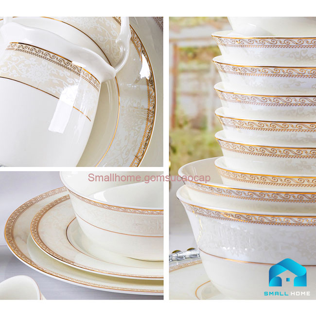 Bộ đồ ăn Họa Ảnh 56 món bằng sứ xương cao cấp, họa tiết viền tinh xảo, sang trọng, phong cách Bắc Âu.