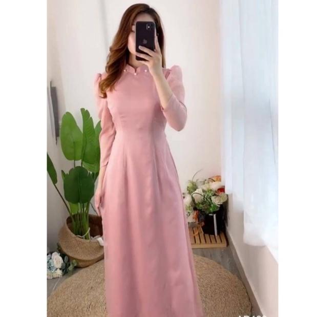 Áo Dài Nữ, Áo Dài Cách Tân Cổ Ngọc Tay Bồng 4 Tà Đơn Giản Điẹu Đà