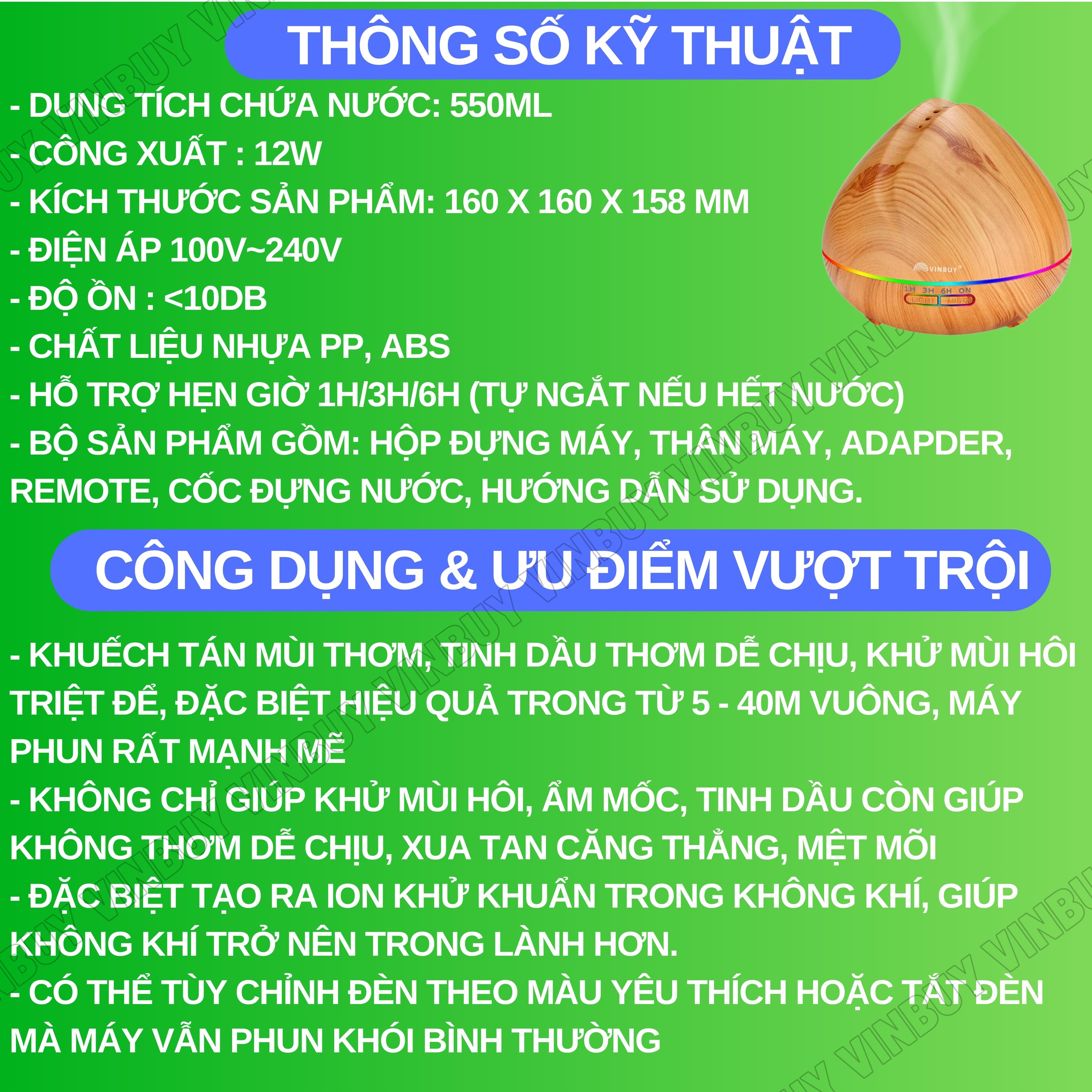 Máy xông tinh dầu VINBUY búp sen, máy khuếch tán phun sương tạo ẩm, máy xông tinh dầu phòng ngủ, spa, nhà hàng, dung tích lớn led 07 màu - Hàng chính hãng