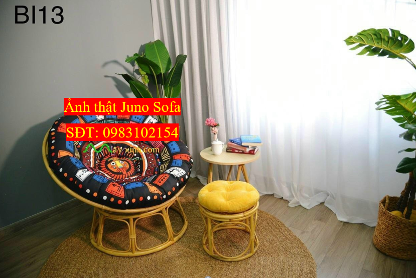 Ghế mặt trăng Papasan mây thật cao cấp Juno Sofa size 1m, Nệm hoa văn Indochine