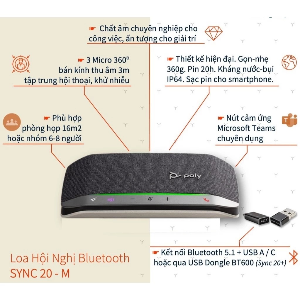 Loa Hội Nghị Bluetooth Poly Sync 20-M Speakerphone USB-C/A Adapter - Hàng Chính Hãng
