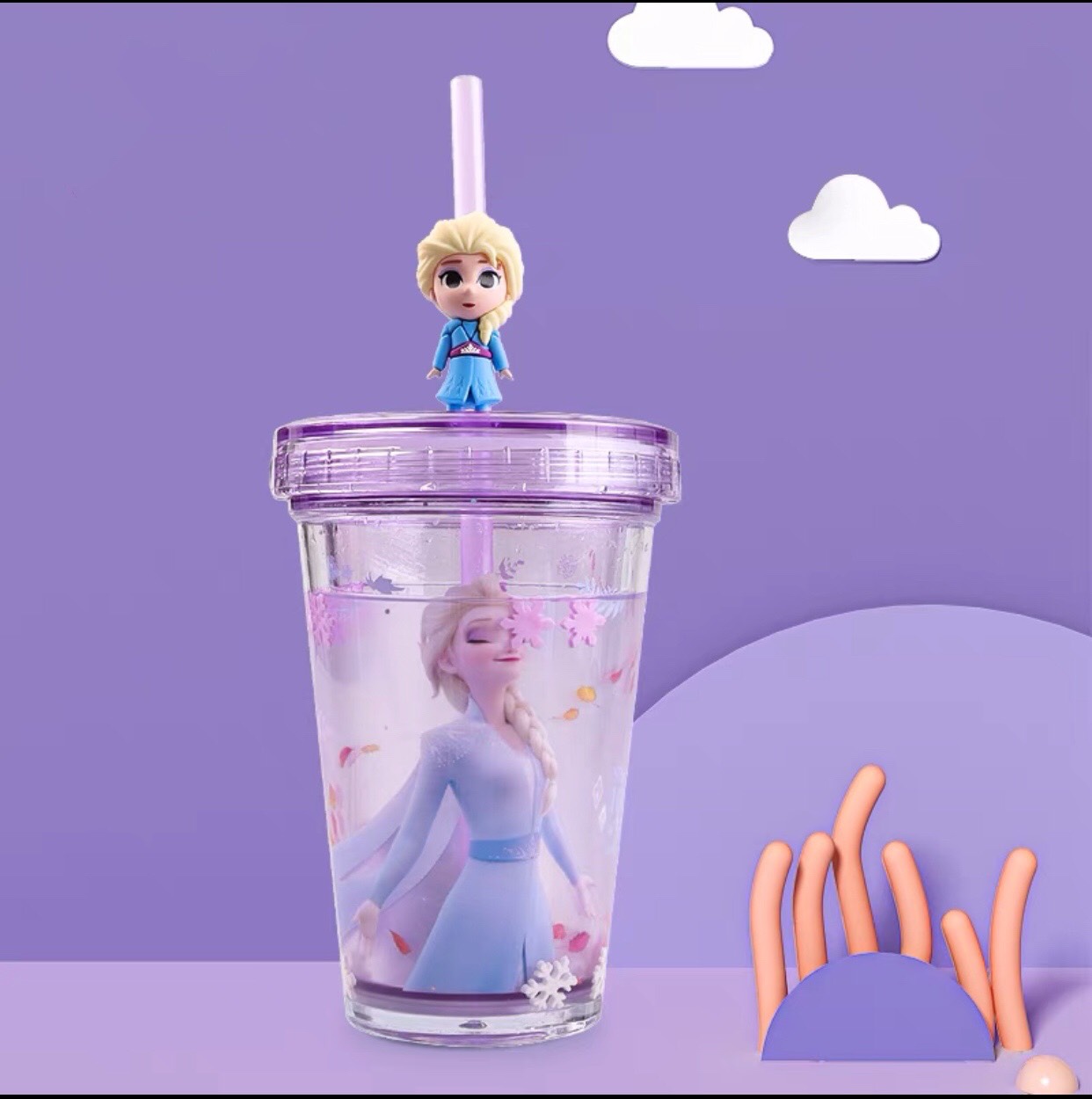 Ly pha lê ống hút 2 lớp kim tuyến vật nổi kèm Sticker 3D hình công chúa Elsa Frozen - PDP2512F