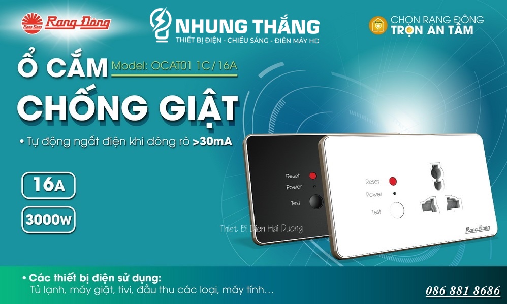Ổ Cắm Điện An Toàn Tự Động Ngắt Điện Khi Phát Hiện Rò Điện Rạng Đông - Ổ Cắm Âm Tường Chống Giật - Model OCAT01 1C/16A