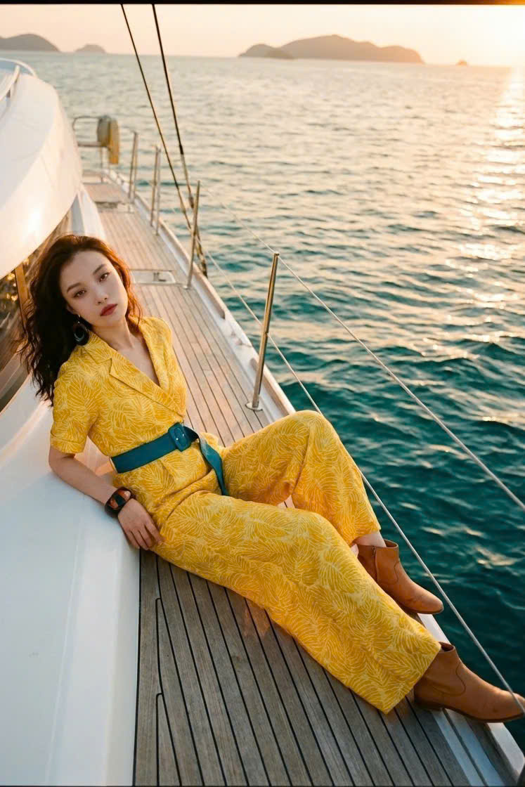 Đồ Bay Jumpsuits Linen Vàng Họa Tiết Lá Kim Diệp DRE239 thời trang thiết kế Hity