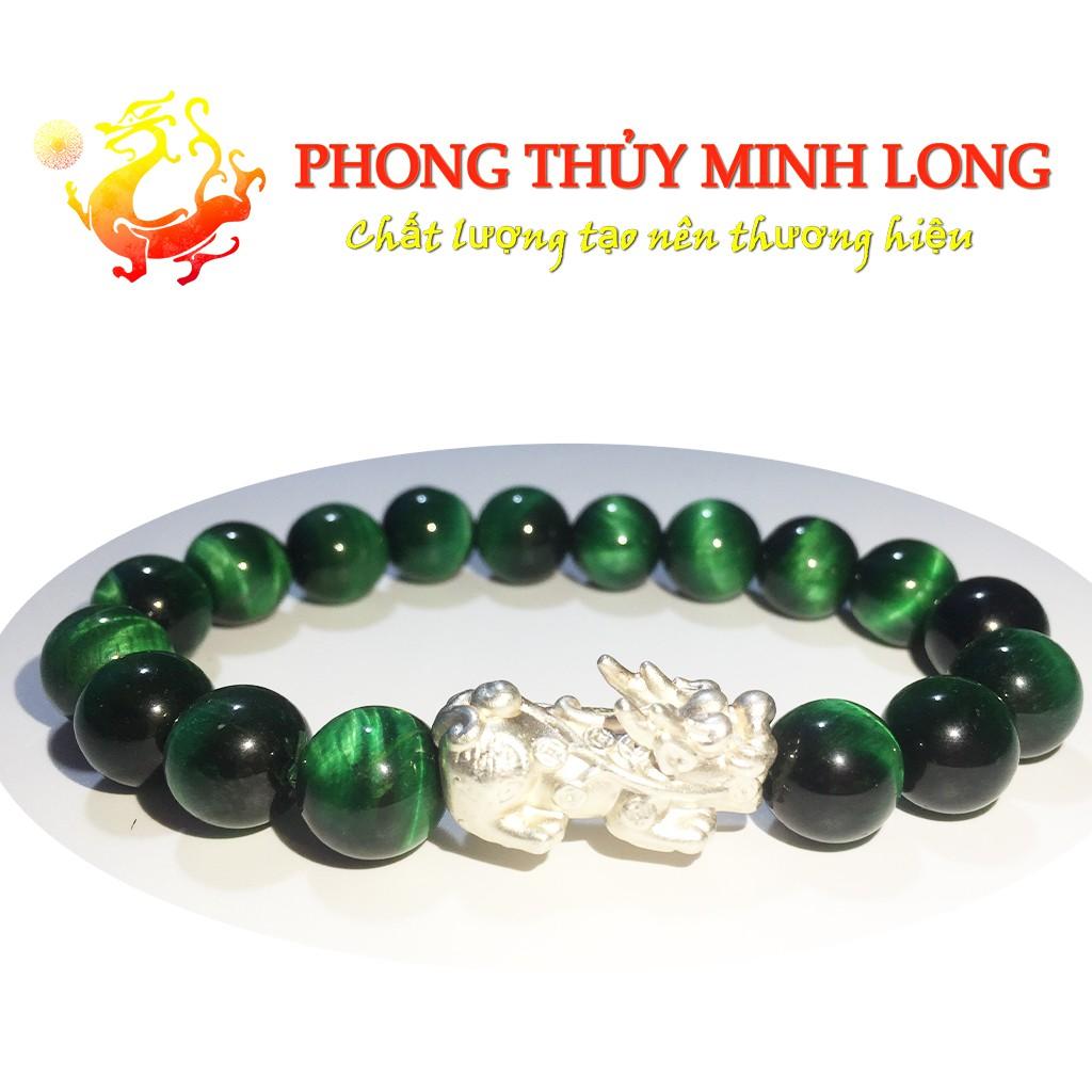 Vòng tay đá Mắt Hổ Xanh Lá 5A mix Tỳ Hưu Bạc hợp mệnh Mộc và Hỏa