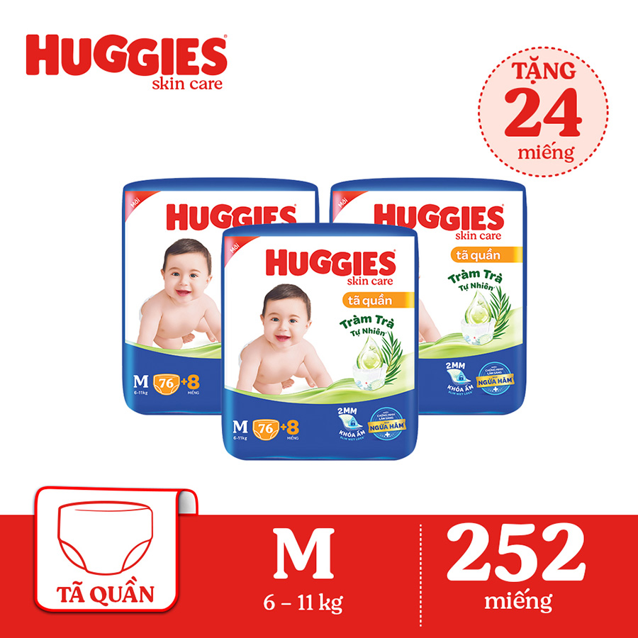 Combo 3 Tã/bỉm quần HUGGIES SKINCARE gói SUPER JUMBO size M 76+8 miếng