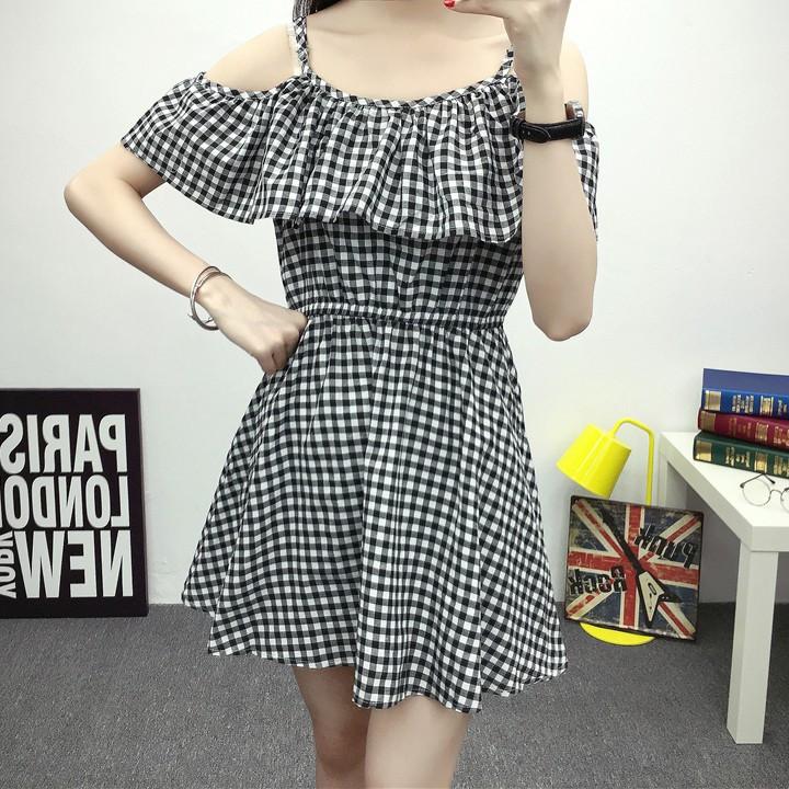 Đầm 2 dây caro cổ bèo Mã: DA4578 - ĐEN
