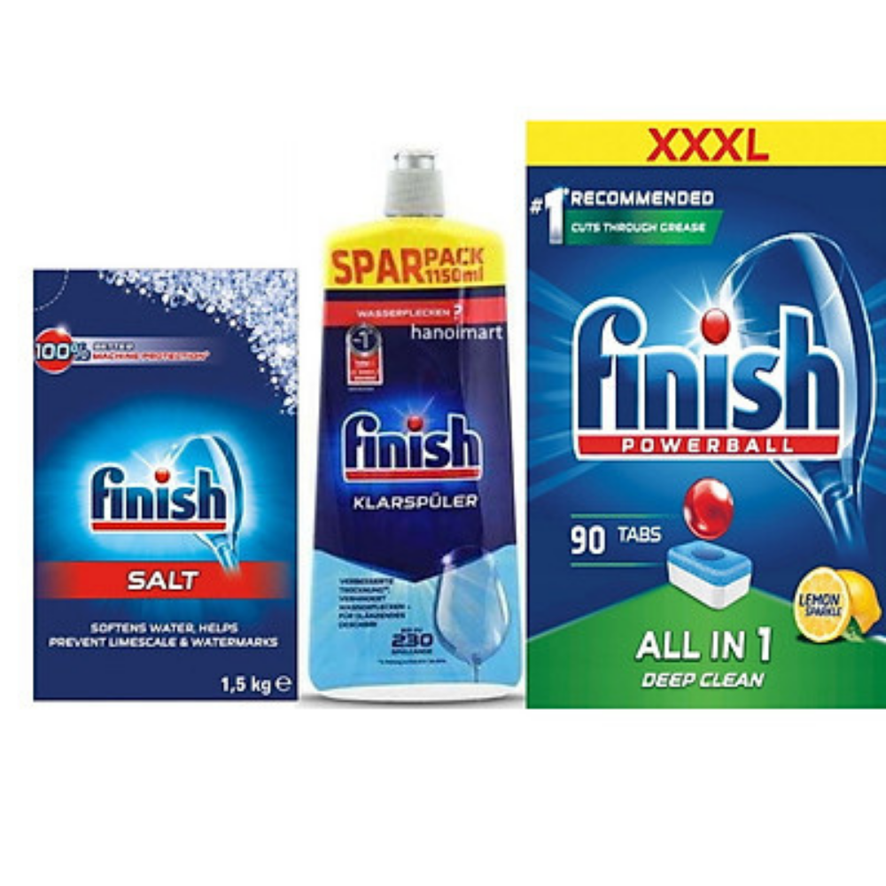 Combo viên rửa chén bát finish all in 1 hộp 90 viên + muối rửa ly finish 1,5kg + nước làm bóng finish 1150ml