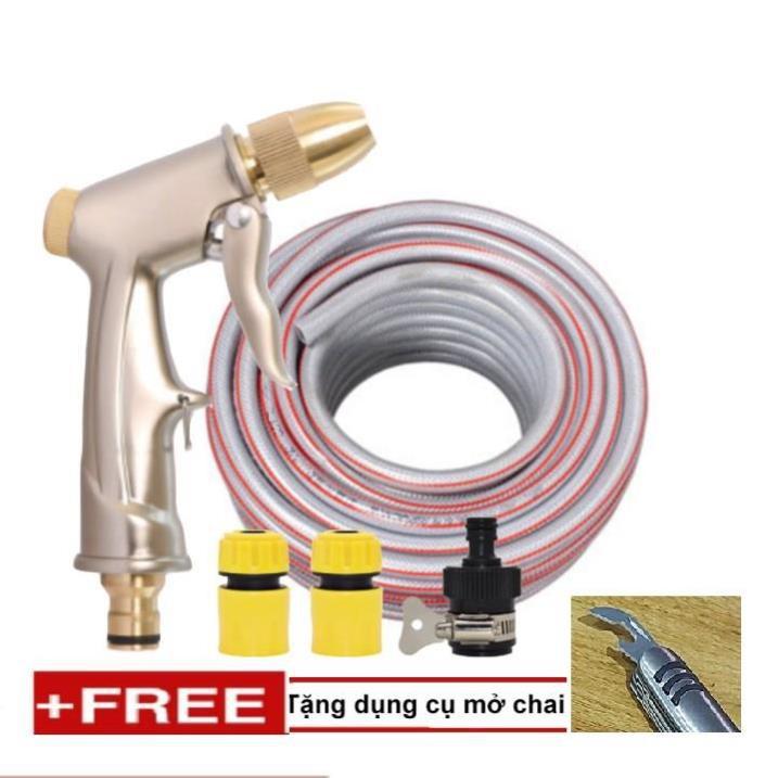 ️ Bộ dây vòi xịt nước rửa xe, tưới cây . tăng áp 3 lần, loại 20m 206701-1 đầu đồng,cút,nối nhựa đen +tặng mở chai