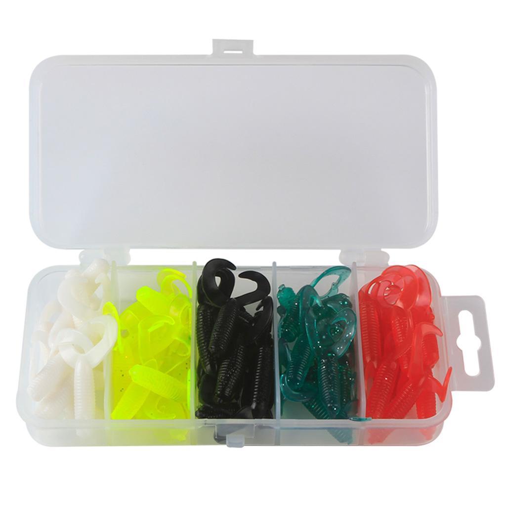 50pcs/set Portable Twin Tail Soft Fishing Lures Grub Maggots Worm Bait Swimbaits 5 Color