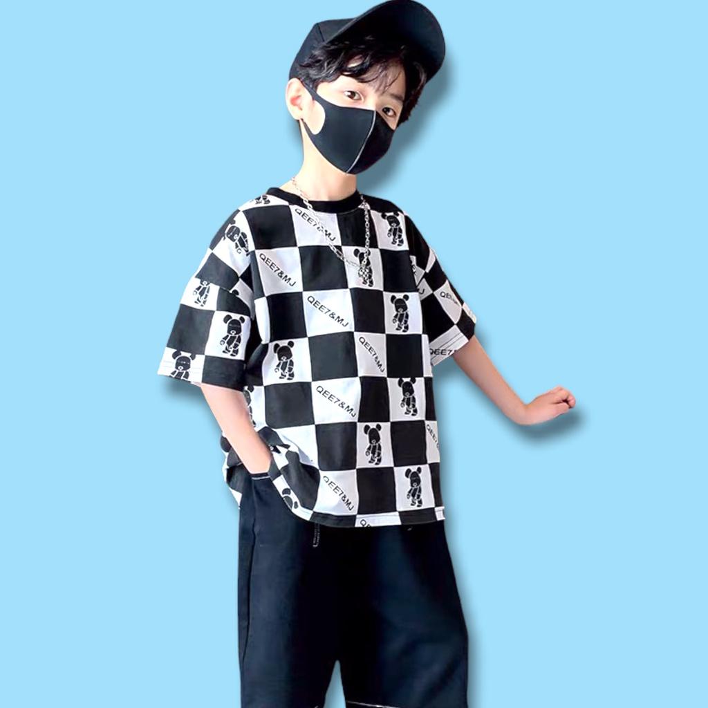 Đồ bộ bé trai Con Xinh cotton hình in Gấu ô vuông, quần áo dành cho trẻ em từ 14 đến 45kg