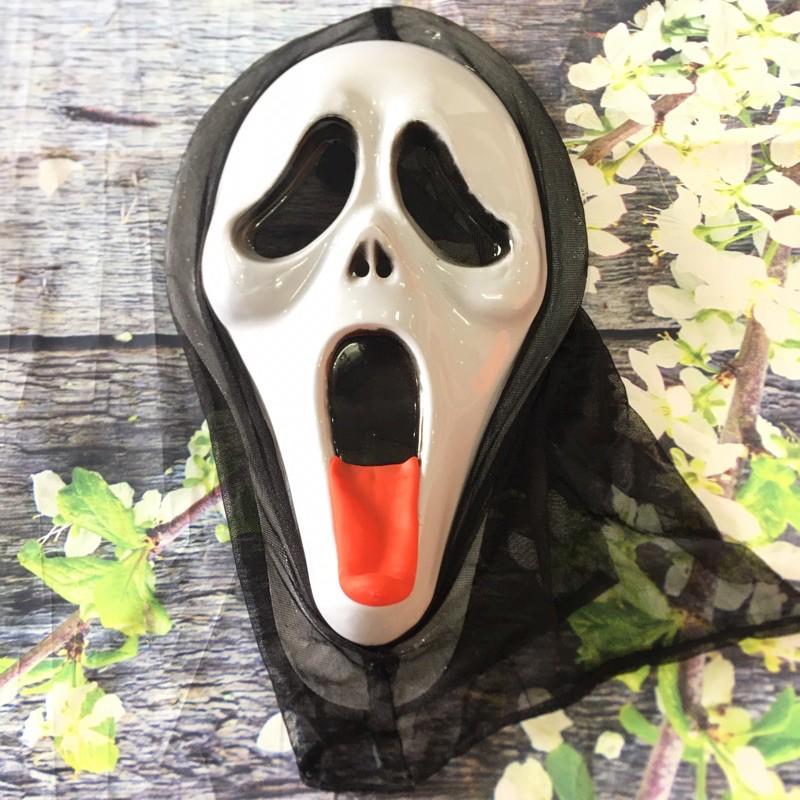 Mặt nạ sát nhân giấu mặt lưỡi đỏ có vải chùm hóa trang Halloween