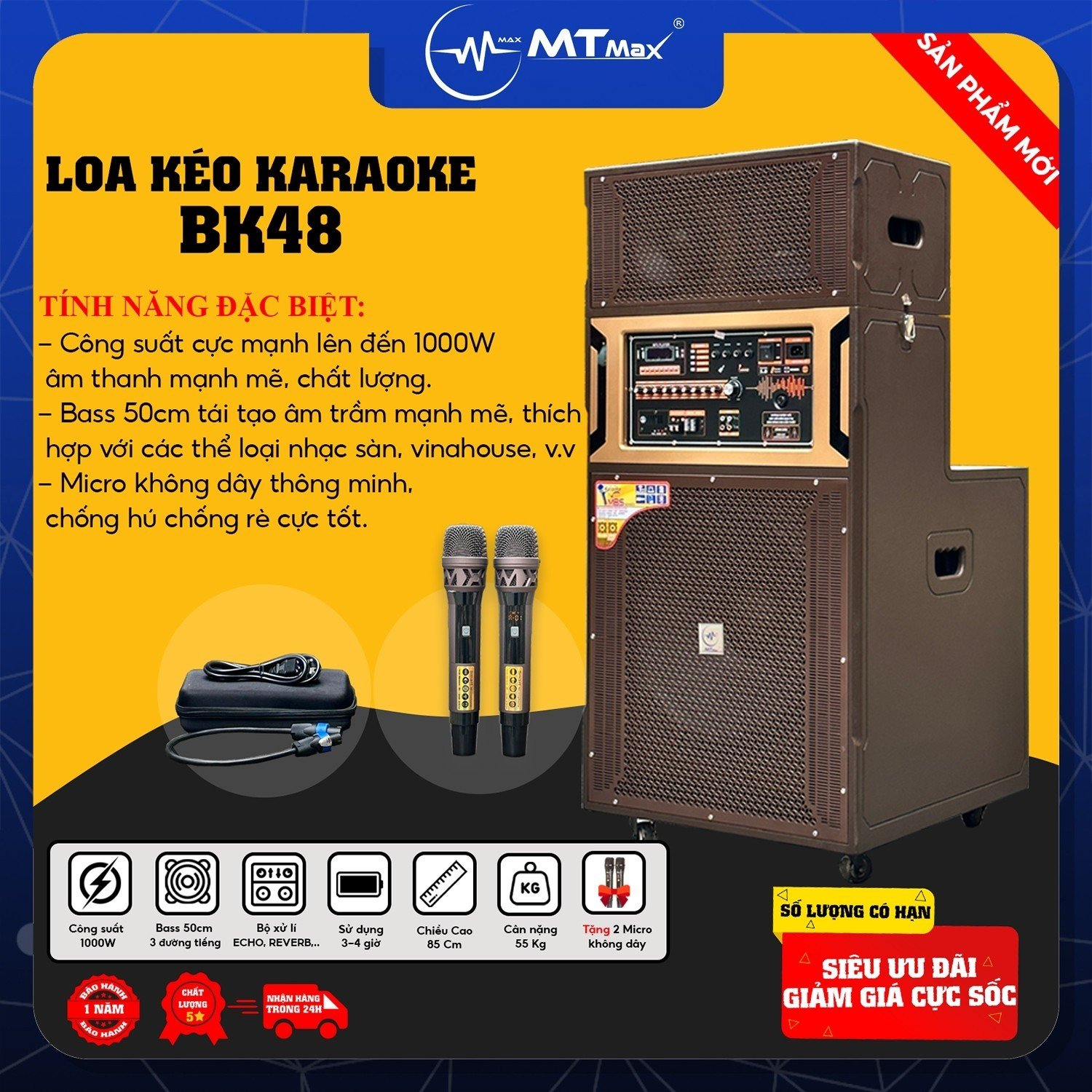 Loa Kéo Karaoke BK48- Công Suất Mạnh Mẽ 1000W, Bass Siêu Khủng 50cm Siêu Trầm, Tặng Kèm 2 Micro Không Dây Thông Minh,Bảo Hành 12 Tháng, Hàng Chính Hãng