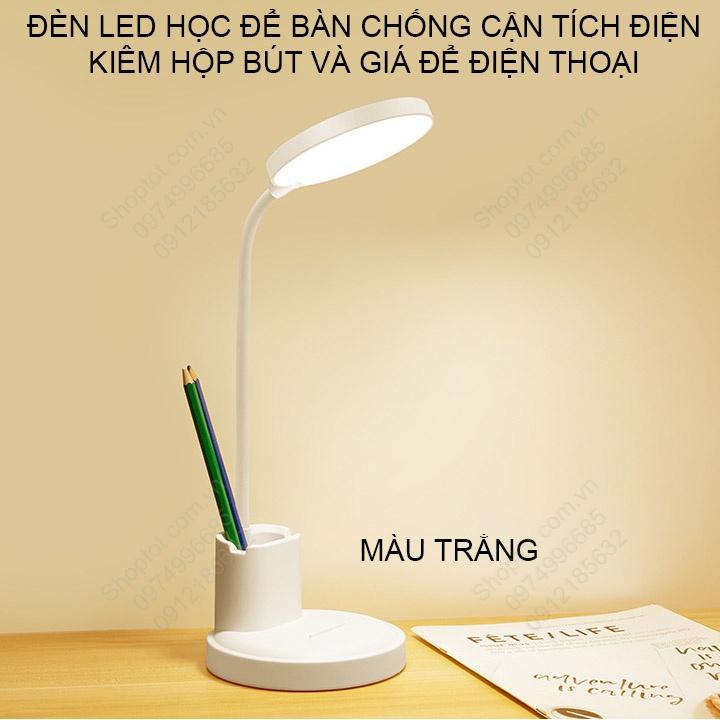 Đèn led học chống cận, tích điện, có hộp để bút và giá để điện thoại, ánh sáng 3 màu, điều chỉnh độ sáng vô cấp