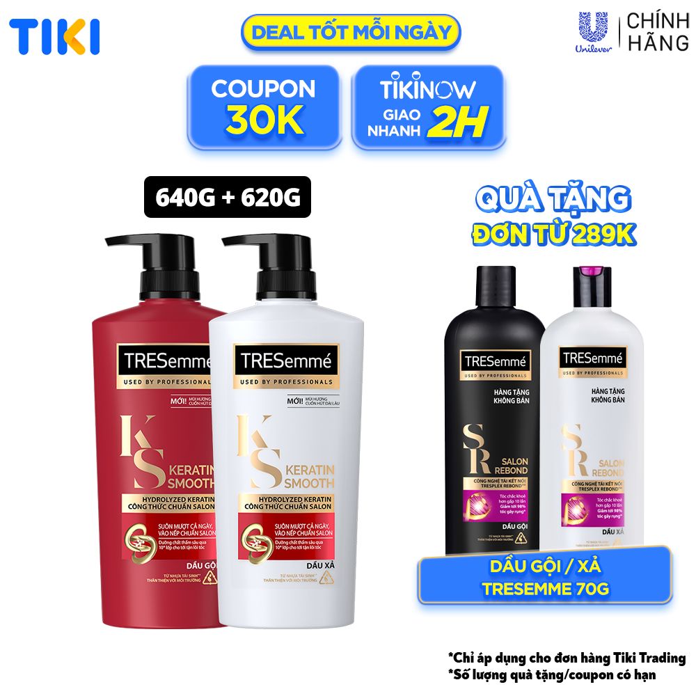 Combo Dầu Gội, Dầu Xả TRESEMME Keratin Smooth Dưỡng tóc khô xơ rối Công thức chuẩn salon Hydrolyzed Keratin trong Dầu Gội và dầu Xả dưỡng Tóc Vào Nếp Suôn Mượt 640g, 620g