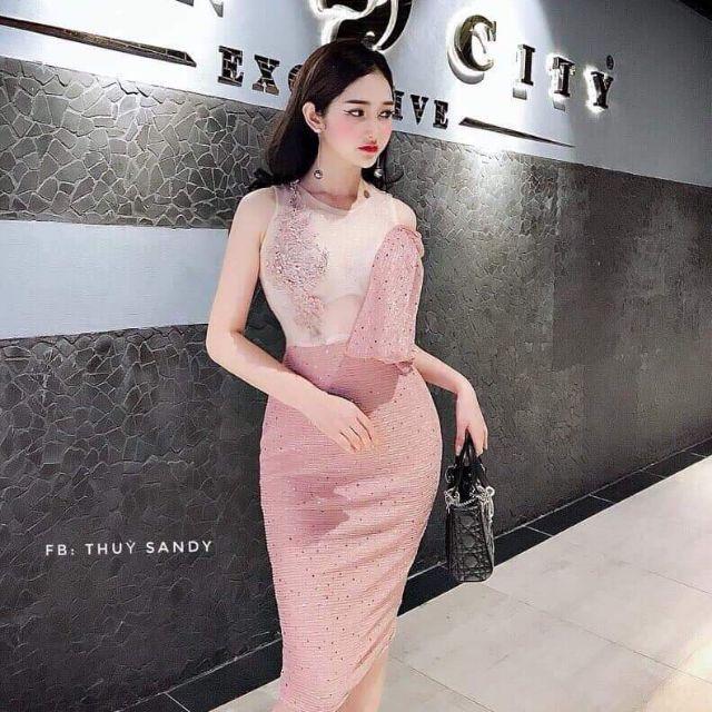 Đầm body nhúng vai đỗ ren đắp