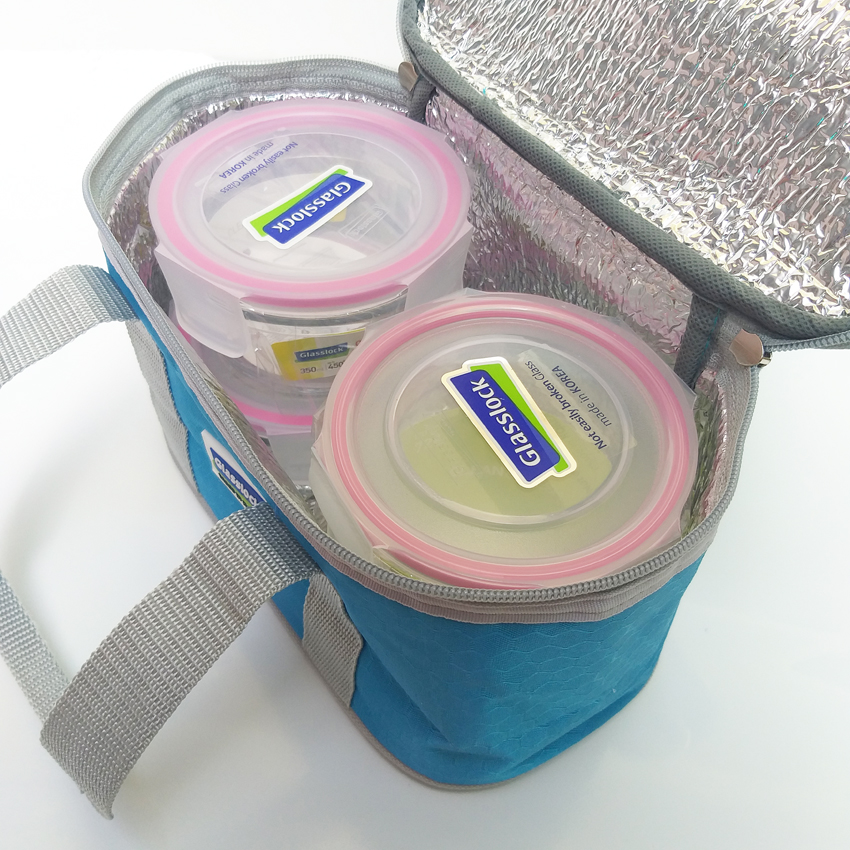Bộ hộp cơm thủy tinh Glasslock Hàn Quốc 720ml + 350ml + 350ml kèm túi giữ nhiệt oval xanh