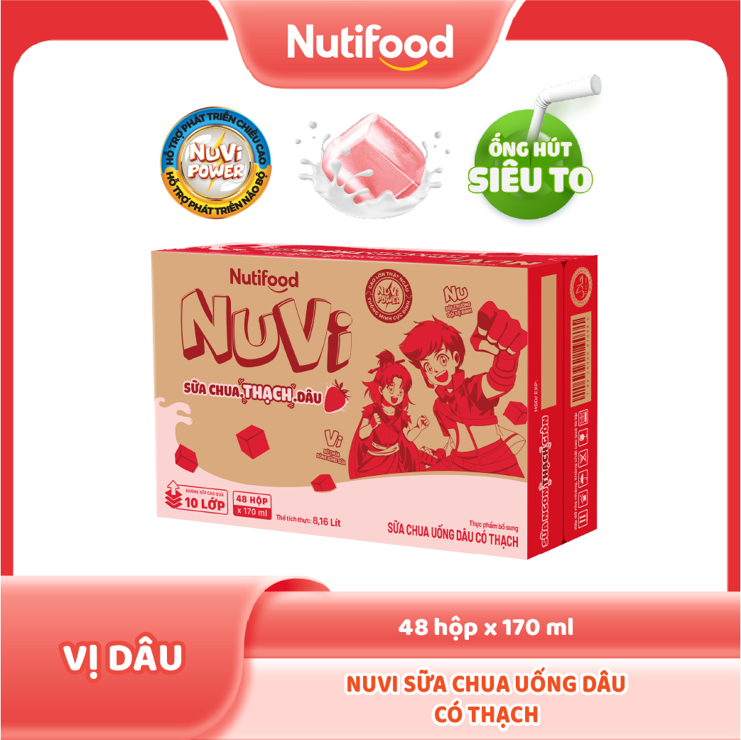 Thùng Sữa Chua Uống Có Thạch Nuvi Vị Dâu 170ml (Hộp 170ml x 48) - Tăng Chiều Cao, Mắt Sáng
