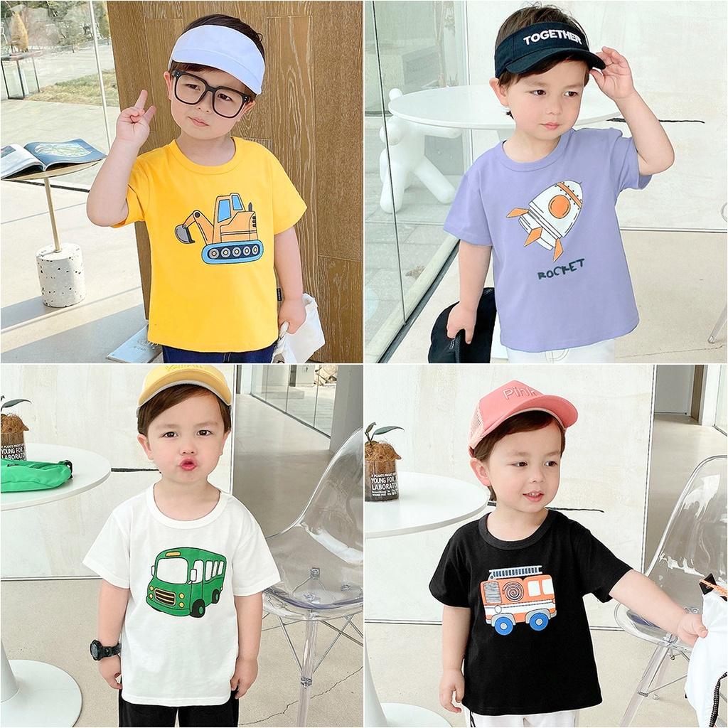 Áo thun cộc tay cho bé 2 3 4 5 6 7 tuổi cotton in hình xe co giãn thoáng mát