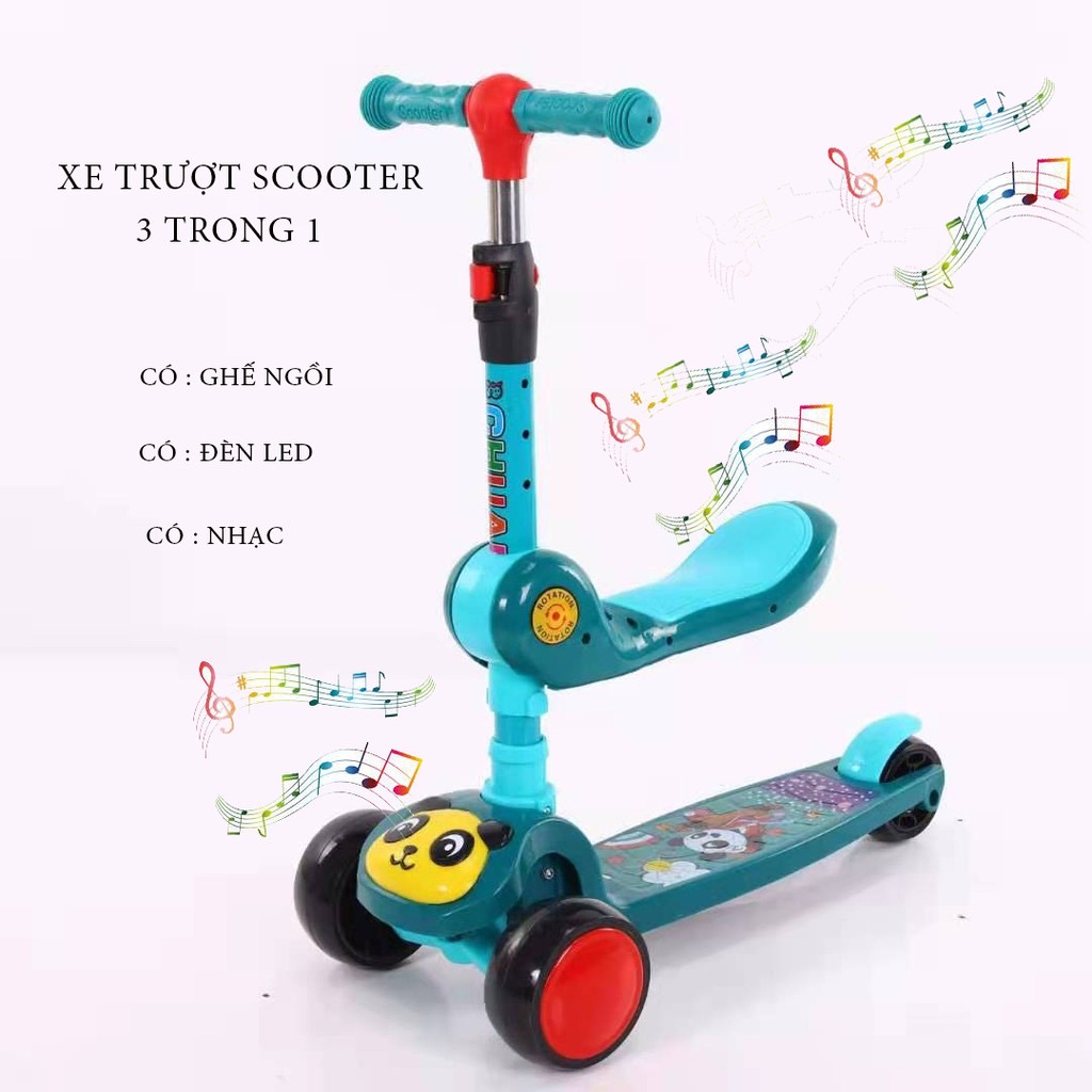 Xe Trượt Scooter Có Nhạc - Đèn - Ghế Gấp Gọn 3in1