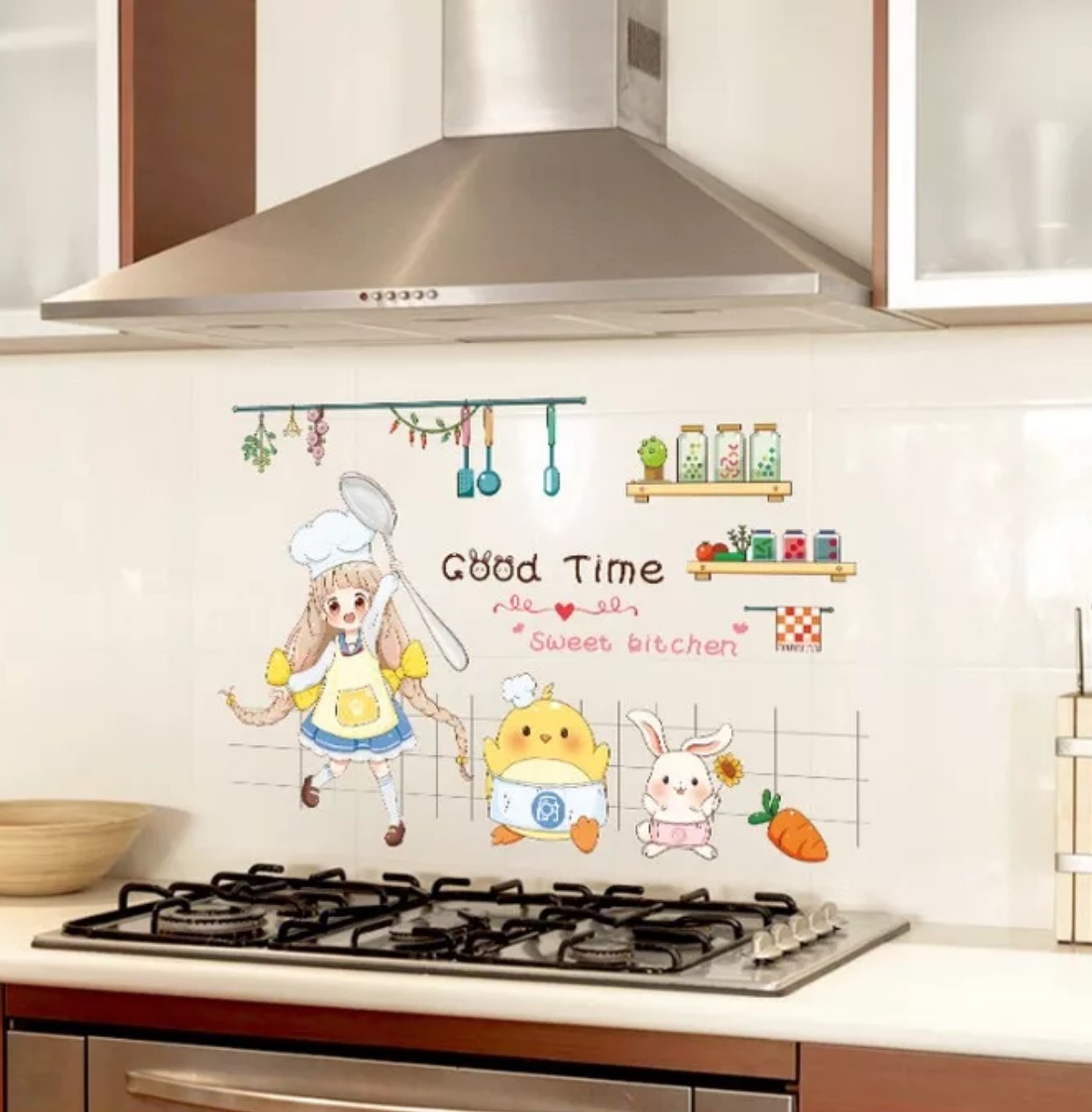 Miếng dán bếp Chống dầu mỡ Nhựa PVC trong suốt in họa tiết Good Time